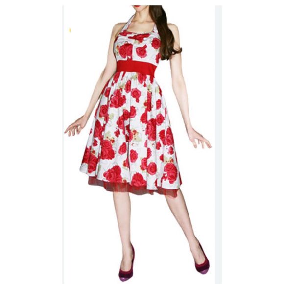 Hearts & Roses London Bianca Halter Dress red rose print rockabilly 6 - Picture 2 of 11